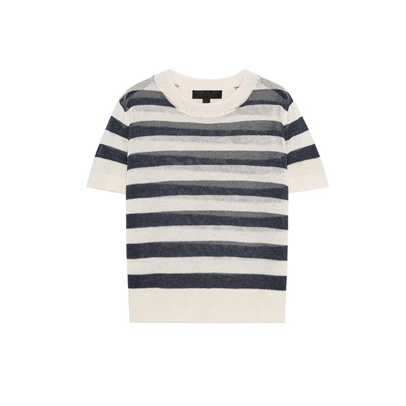Summer New Arrival Women's Clothing Easiest for Match Leisure Pullover Simple Knitting Stripes round Neck Short Sleeve Tops 2142079