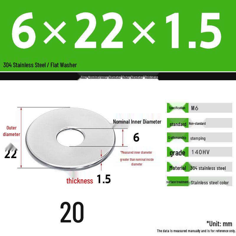 304 Stainless Steel Thickened Flat Washer Set, Sizes 2-36