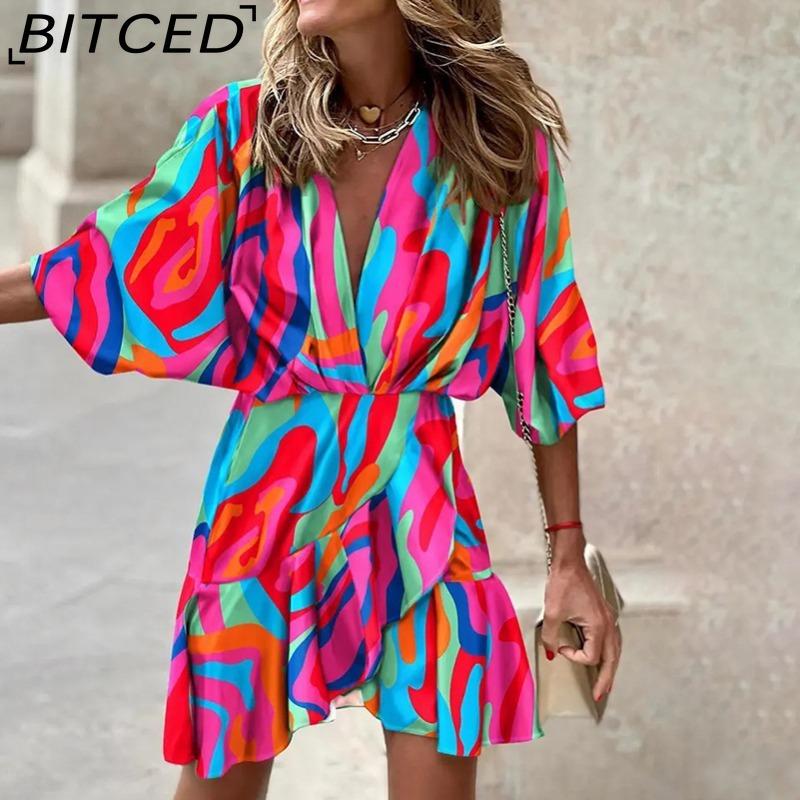 BITCED Women's Fashion Summer Spring Solid Color Print 3/4 Sleeves V-Neck High Waist Casual Dresses