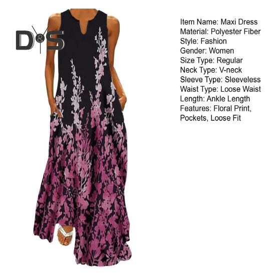 Women Summer Dress V-neck Sleeveless Floral Print Maxi Dress with Pockets Loose Fit Flowy Long Sundress