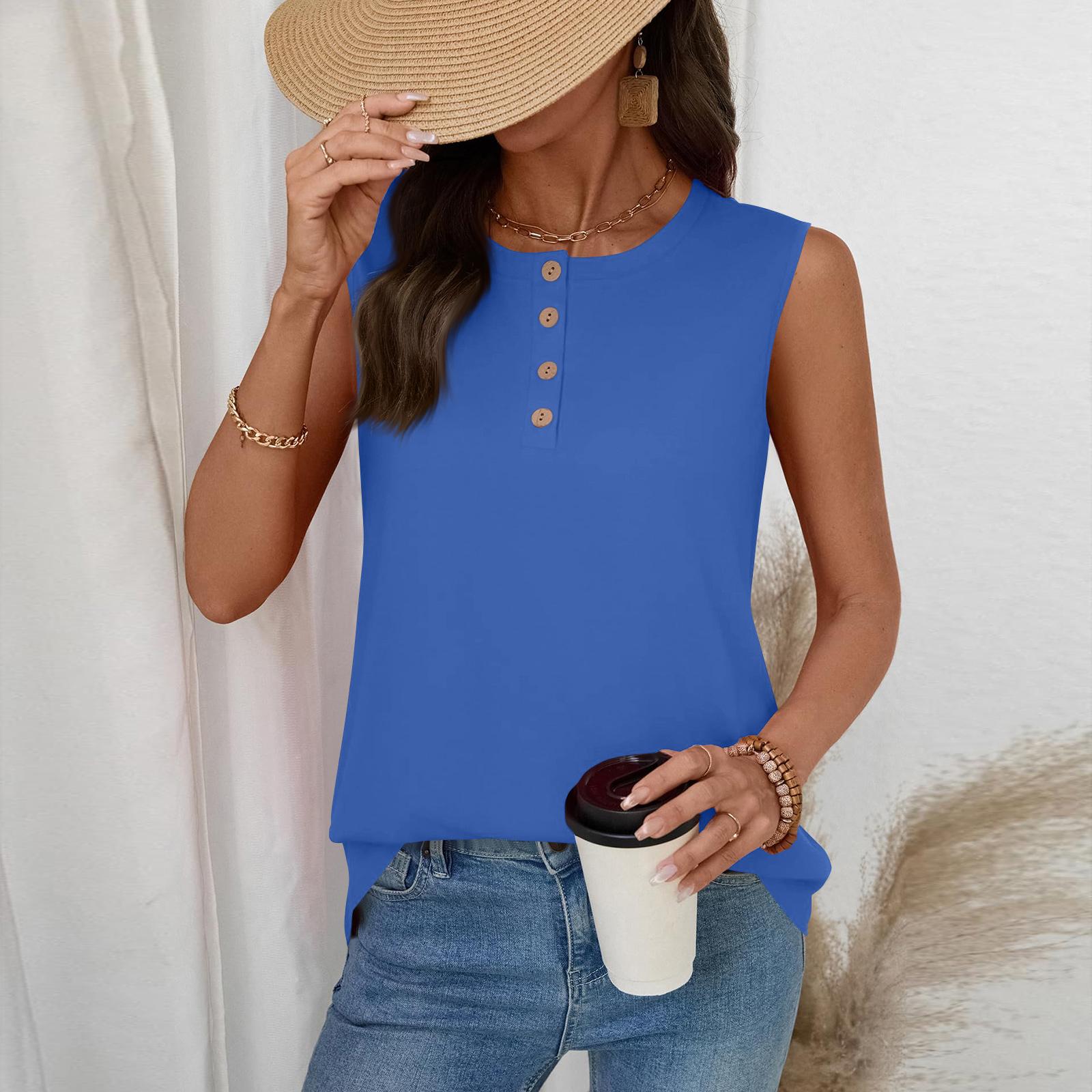 Women s Casual Fashion Button-Up Round Neck Sleeveless T-Shirt Vest L