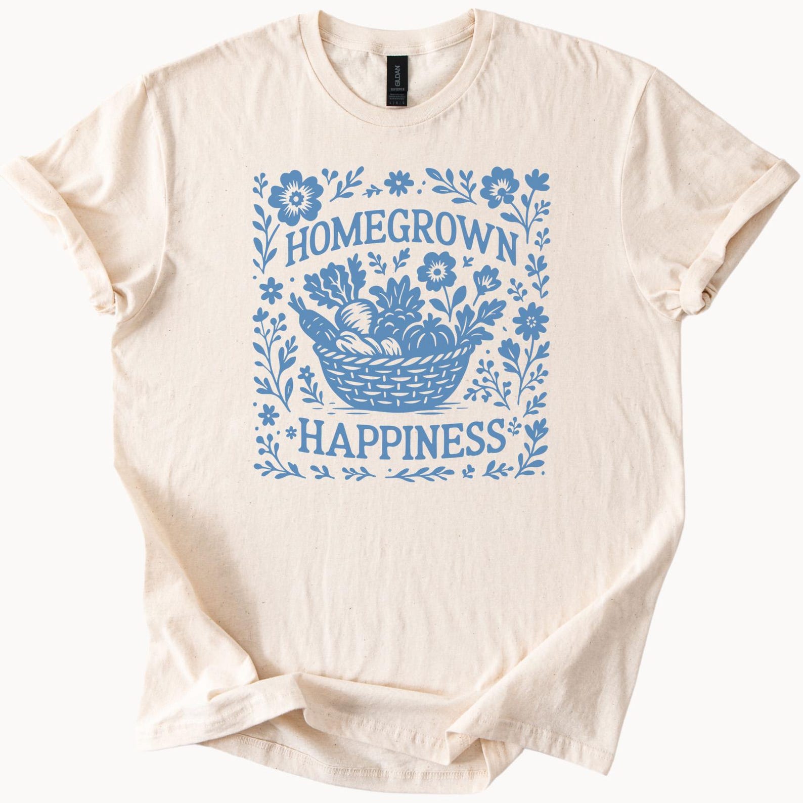 Homegrown Happiness Graphic T Shirt Blue Floral Basket Garden Vegetables Flowers Farm Inspired Nature Lover Tee Gift for Gardener 130