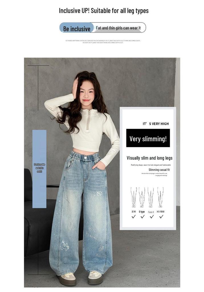 Nuovi Pantaloni Jeans Larghi a Gamba Larga Stampati Stile Coreano da Ragazza 2026
