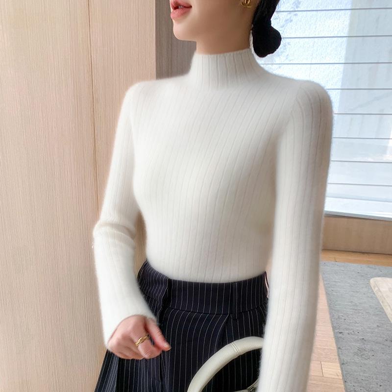 Premium Cashmere Rib-Knit Women's Slim-Fit Warm Sweater - Semi-High Neck, Thickened for Autumn & Winter.
