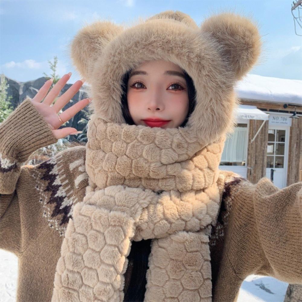 Warm 3-in-1 Cap Scarf Gloves Set Winter Integrated Cap Scarf Bear Ear Hooded Scarf for Women