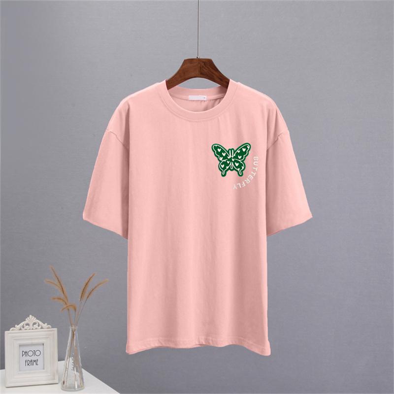 Shellsuning Sommer Baumwolle O Neck T Shirts Frauen Schöne Schmetterling Kurzarm 3D Brief Drucken Tees Lose Weiche Grundlegende Weibliche tops