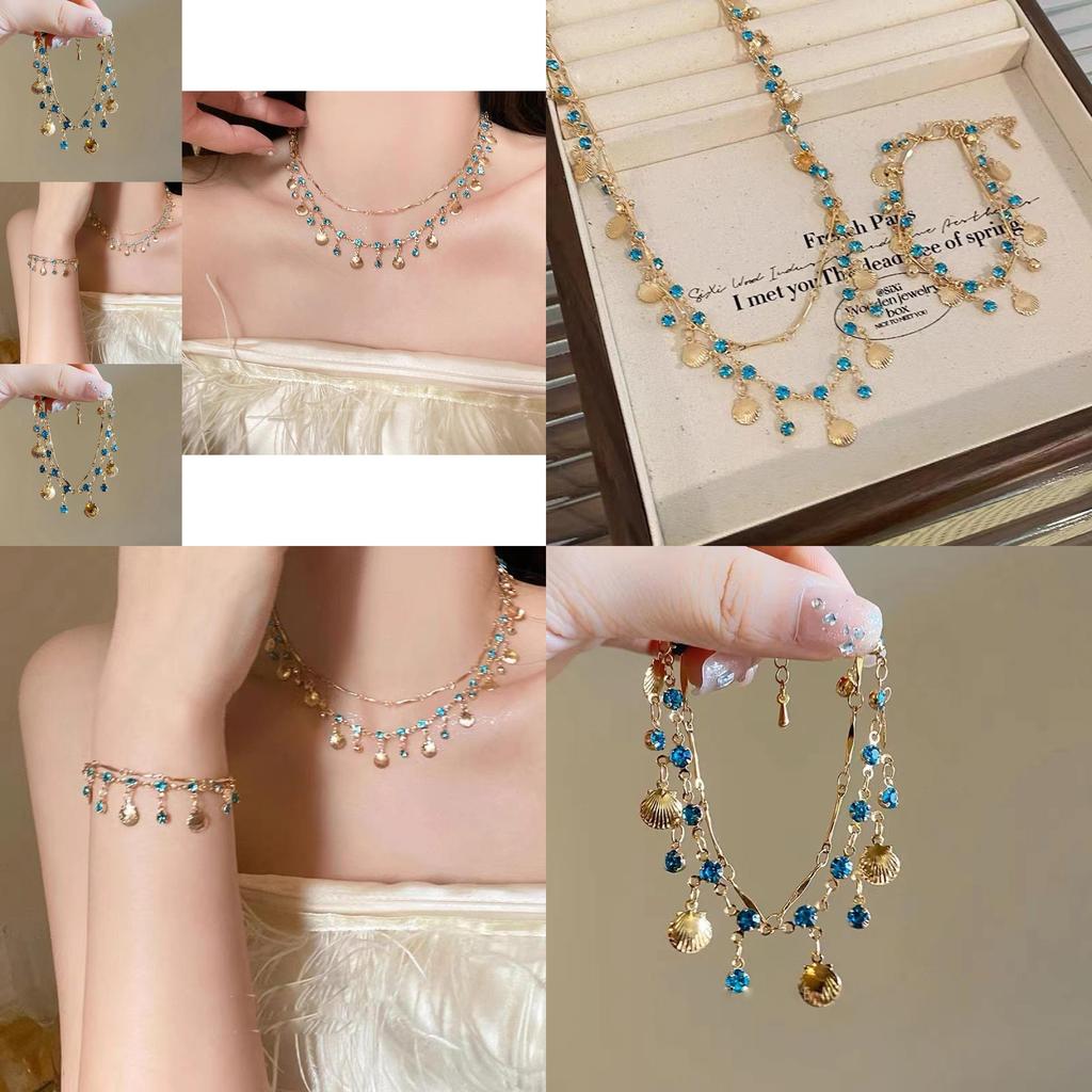 Exotic Ethnic Blue Shell Necklace With Sparkling Zircon Artistic And Vintage Look