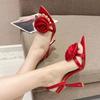 Fashion Summer Fashion Silk Rose Flowers Back Strap Heeled Sandals Women Pointed Open Toe Red High Heels Wedding Prom Shoe Zapatos Mujer