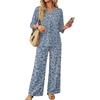 Women's Casual Leopard Print 3/4 Sleeve Button Top Wide Leg Pants Two Piece Outfit Set