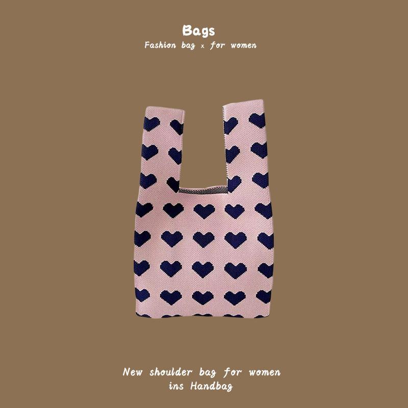 Ins Trendy Handbag Women'S Knitted Wool Bucket Bag Hand Carry Casual Tote Bag Box Lunch Bag