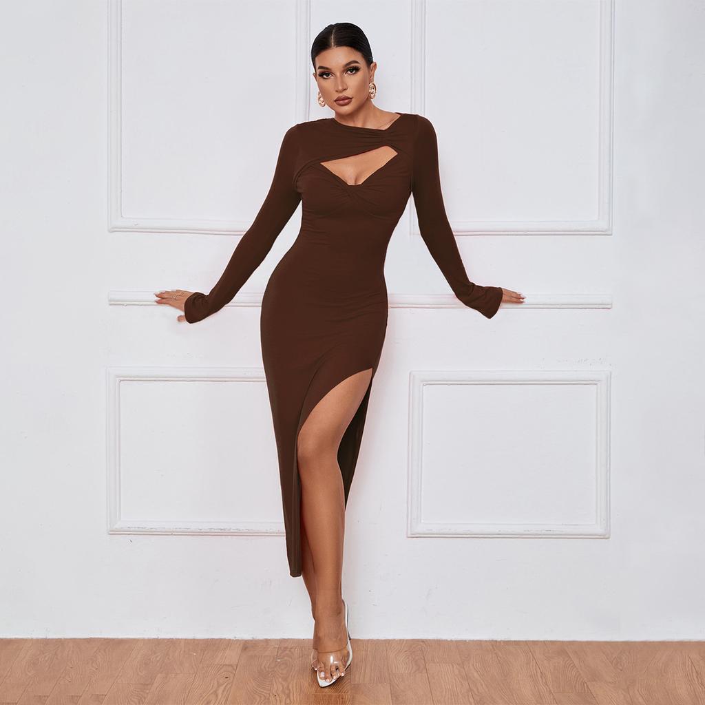 Ladies Long Sleeve Elegant Solid Color Hollow Out Sexy Party High Split Package Hip Dress