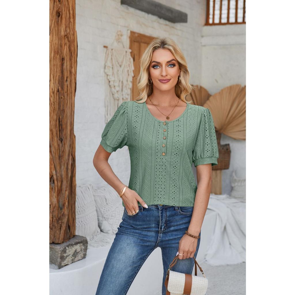 GMXIA Women's Spring Summer Buttoned Round Neck Puffy Sleeve Loose Solid Color T-shirt