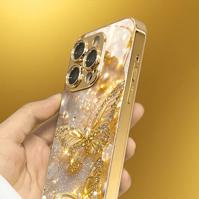 Golden Butterfly Pattern Gold Metallic Paint Glass Phone Case For iPhone 17 Pro Max 11 12 13 14 15 16 Plus 17 Air 16E Cover