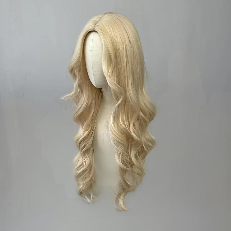 Hot-selling Wig Female Light Gold Long Hair Daily Medium Bangs Big Waves Chemical Fiber Headgear