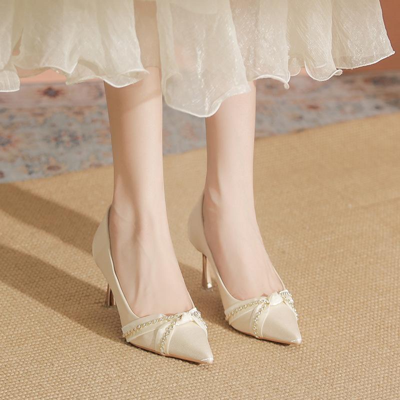 High heels women's 2025 new spring mid-heel wedding shoes bride Xiuhe wedding dress two wear bridesmaid shoes