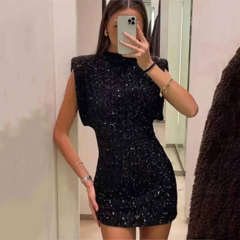 Round Neck Holiday Party Dress Fly Sleeve Silm Evening Dress Shining Sequin Mini Dress  Daily