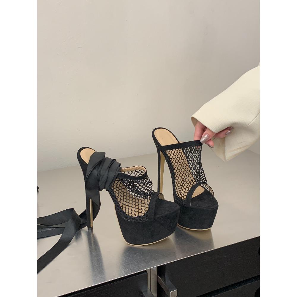 Eilyken Fashion Summer Mesh Detachable Strap Sandals Slippers Women's Banquet Nightclub Platform Thin High Heels Slide Shoes