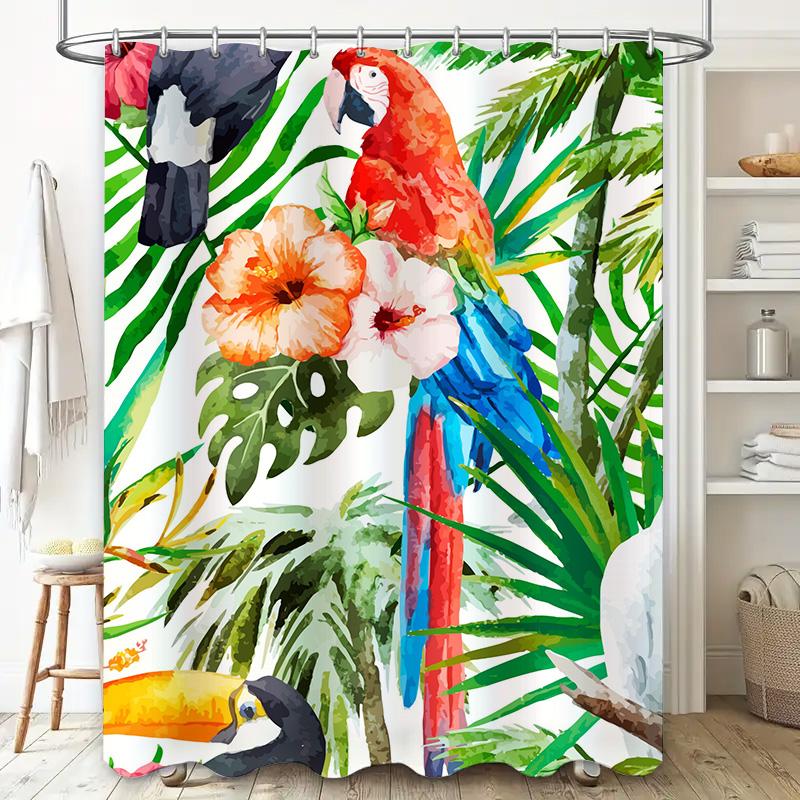 Bright Tropical Bird Shower Curtain Set with Green Leaves Perfect for Bathroom Decorations
