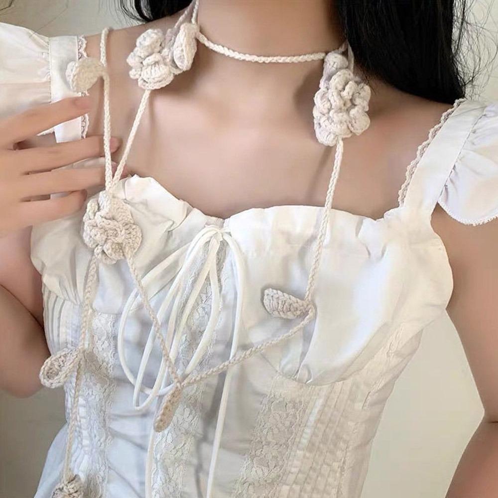 Crocheting Rose Flower Neck Chain Decoration Multicolor Rose Scarf Y2k Rose Necklace Girl
