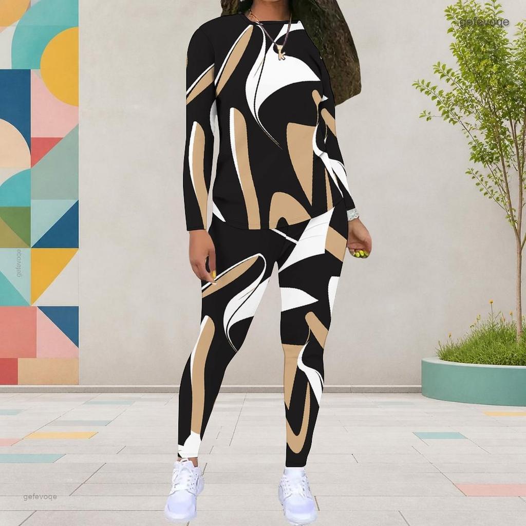 Women Plus Size Round Neck Long Sleeve Printed Top And Fitted Pants Two Piece Set