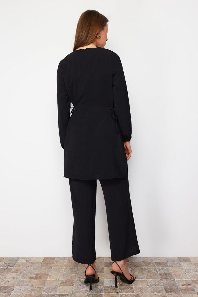 Women's Fashion Black Eyelet Tie Detailed Aerobin Tunic-Pants Set