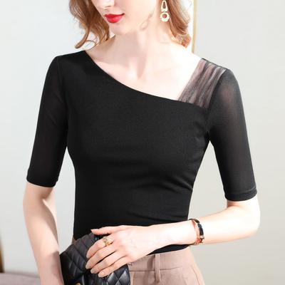 Medium-sleeved T-shirt Women's New Women's Clothing Splicing Foreign-style Shirt Temperament Slanted Shoulder V-neck Waist Top