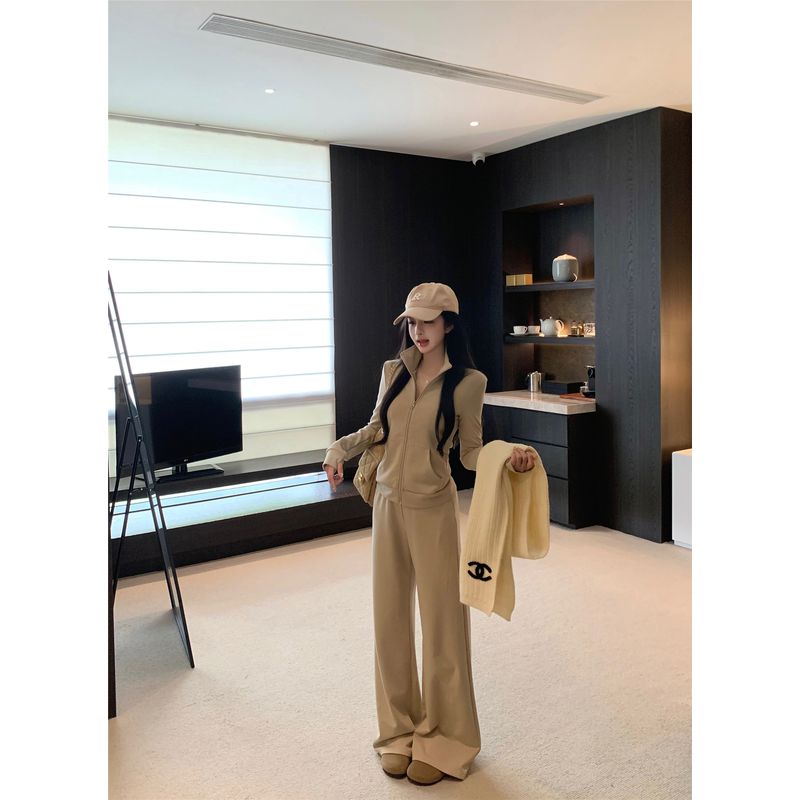 

Kumikumi Fashion Suit Pure Color Temperament Long Sleeve Outwear Female Fall High Waist Slimming Casual Pants Two-piece Set Pants M