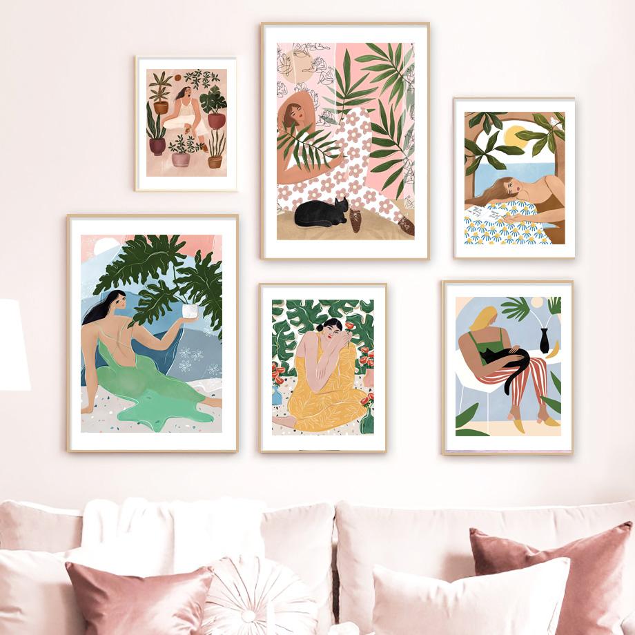Abstract Boho Fashion Girl Posters Plant Leaves Fruit Flower Minimalist Wall Art Canvas Painting Wall Pictures Living Room Decor