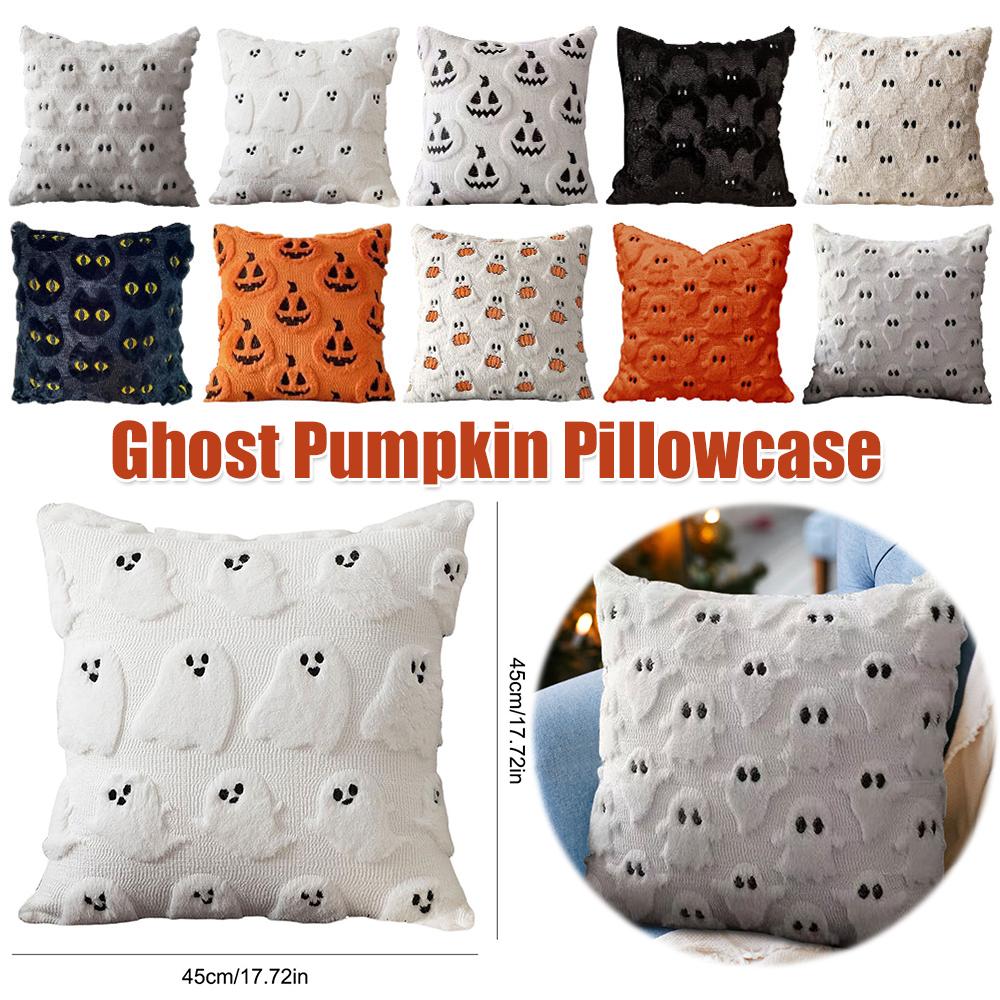 Halloween Ghost Pumpkin Pillowcase Plush Faux Fur Pillow Cover Comfortable Soft Pillow Case for Home Party Halloween Decor