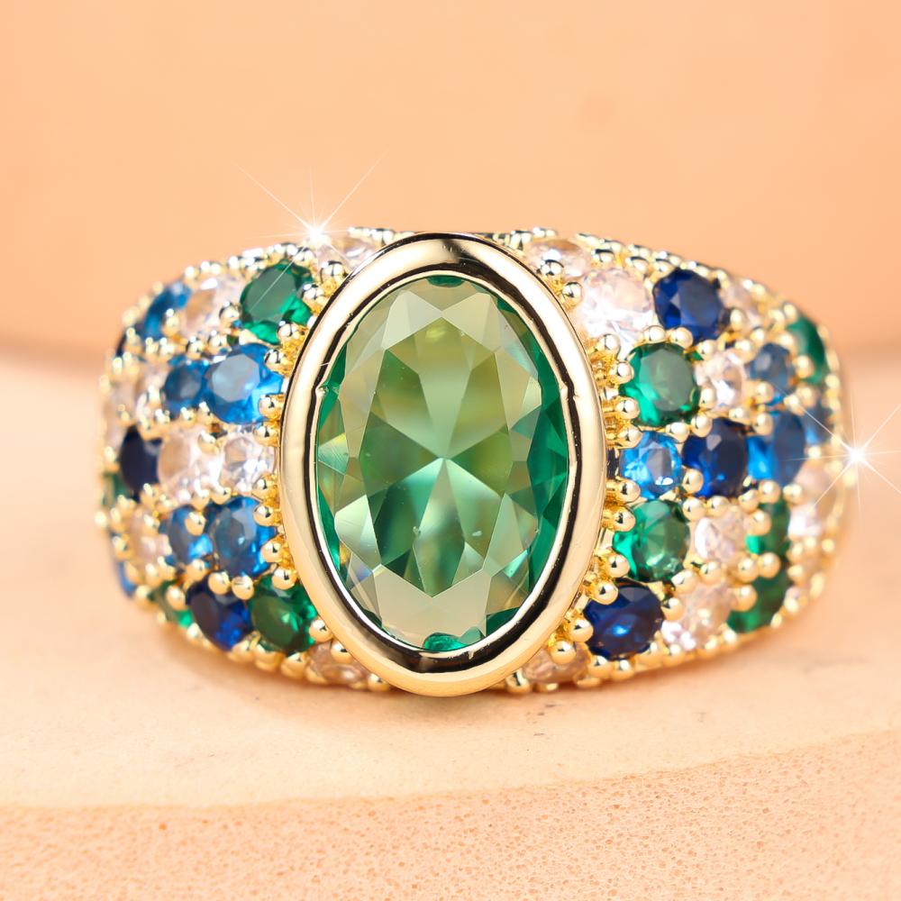 Luxury Gold Color Green Blue CZ Cluster Ring for Women Daily Wear and Party