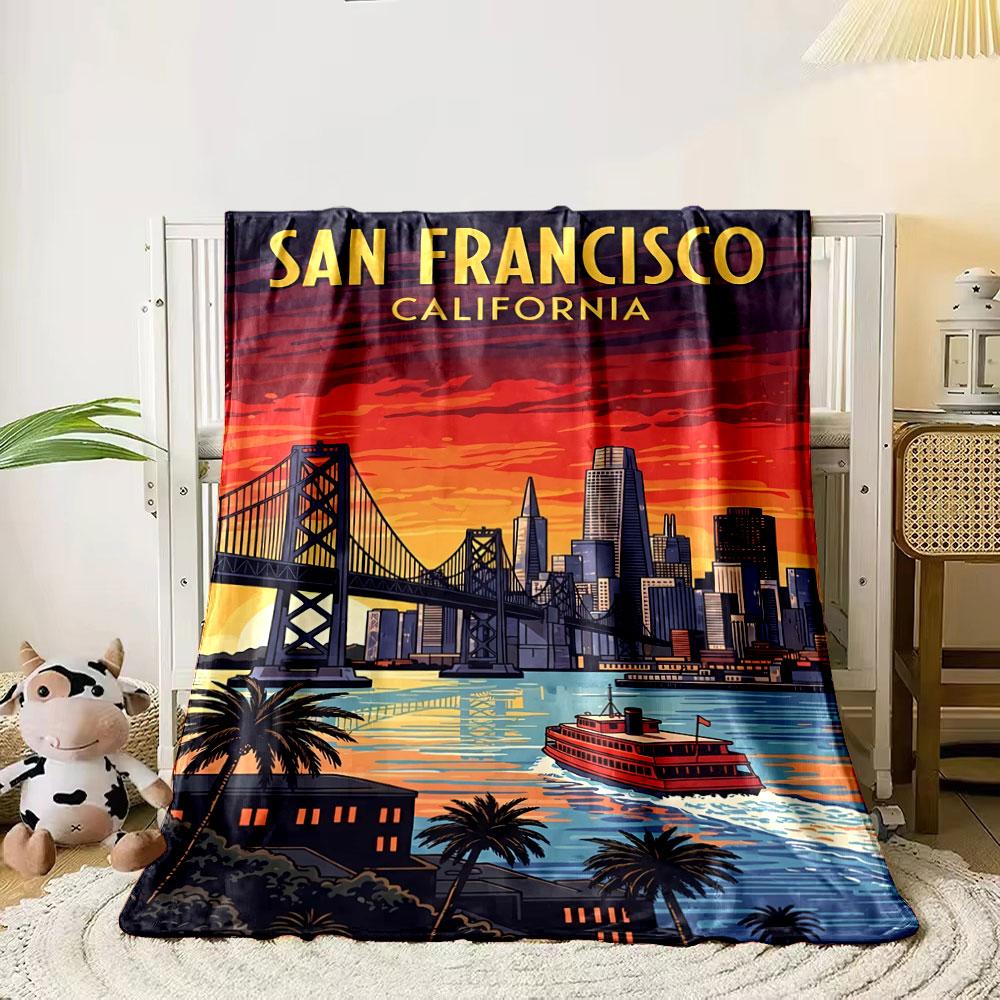 

A vibrant sunset skyline featuring a bridge, skyscrapers, and a ferry. for all seasons blanket lunch break throw gift 80cm x 120cm