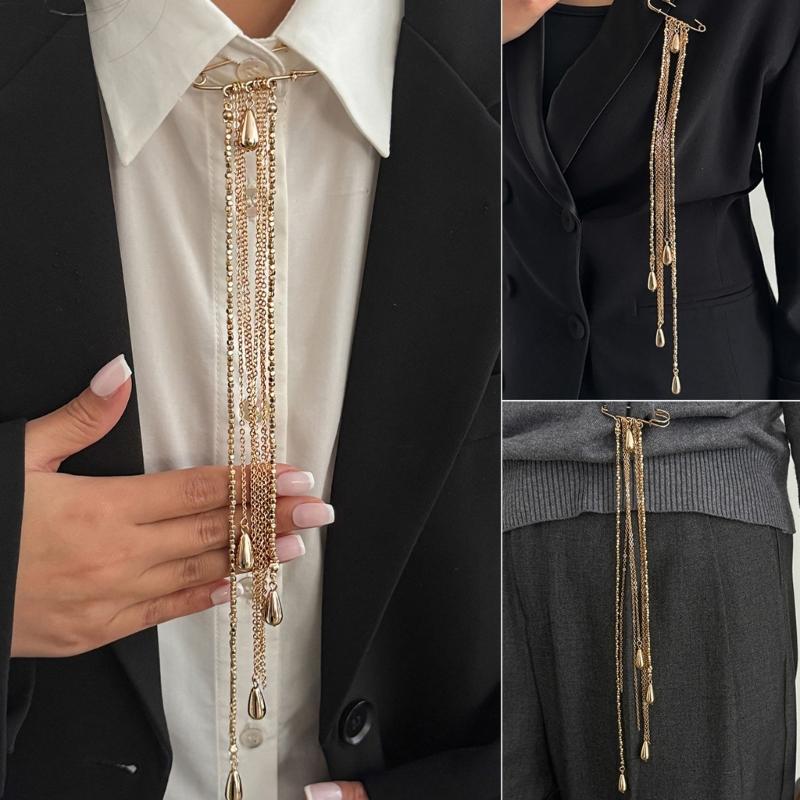 Retro Styles Alloy Brooch Pin With Imitation Pearls Accent Adjustable Chain Tassels Designs Unisex Fashion Accessory