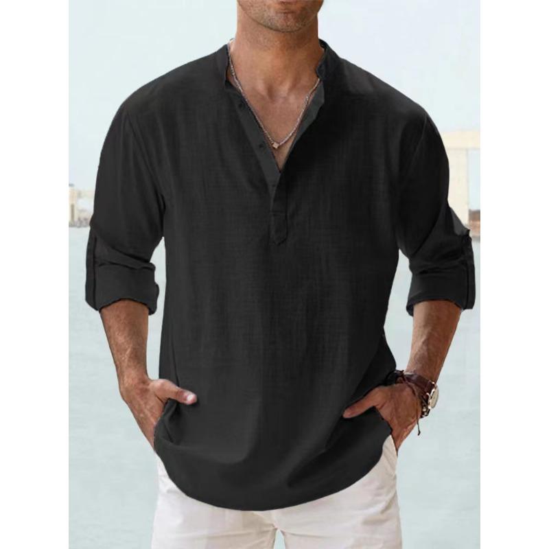 Men's Linen Stand Collar Long Sleeve T-shirt Loose Sweatshirt Solid Color Long Sleeve Cotton Linen Shirt Men