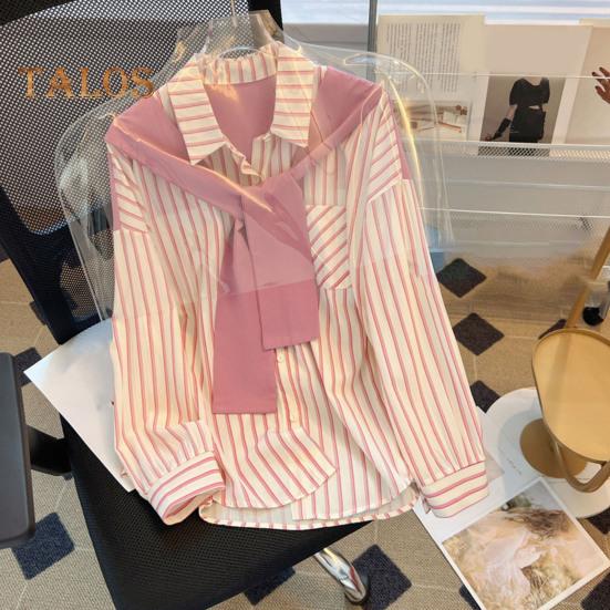 Dámská košile s dlouhým rukávem, vertikálně pruhovaným falešným dvoudílným designem, šálovými zády, volným střihem, knoflíky, topy