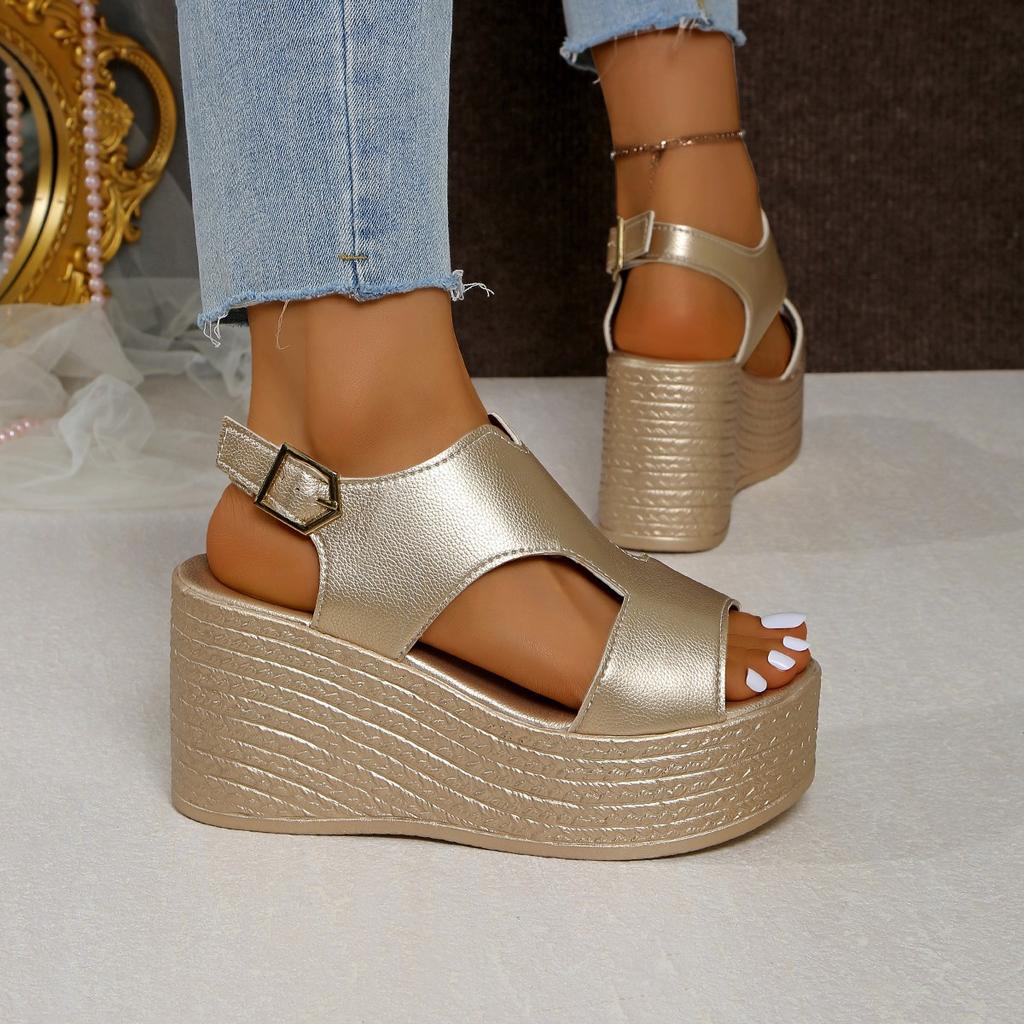 Französische Sandalen Damen Fischmaul Keilabsatz Ein-Knopf Römerschuhe Größe 43 2025 neu Feenstil Muffin-Schuhe 9cm