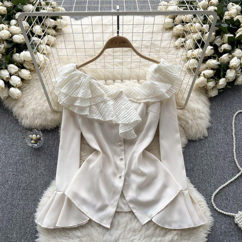 

Рубашка в стиле ретро с осенними рюшами и рукавами-колокольчиками для светской львицы Apricot All yards