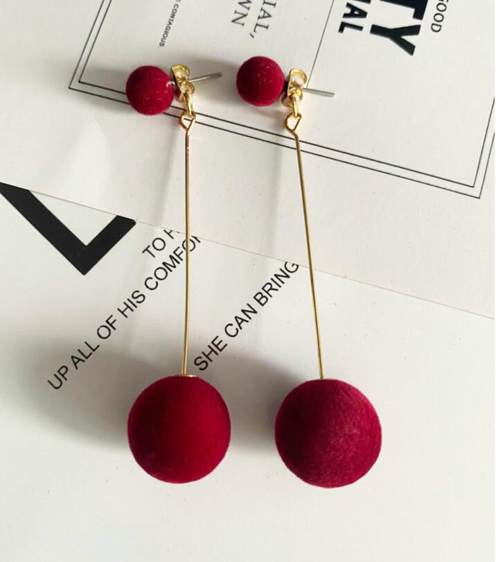Korean Black Velvet Ball Drop Earrings - Elegant Autumn/Winter Style for Women