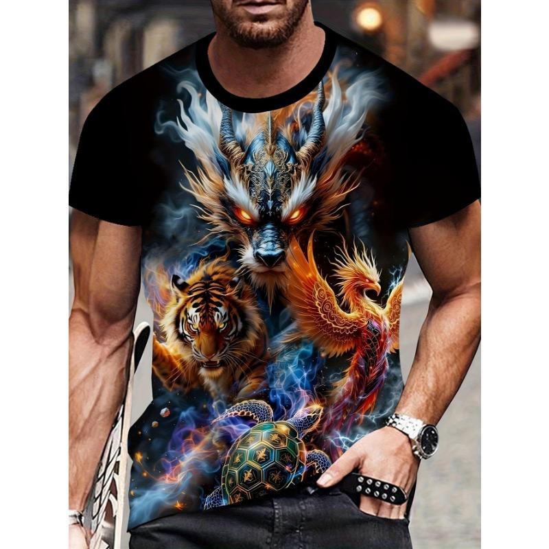 

Men s Novelty Anime Graphic T-Shirt - 3D Digital Print Round Neck Casual Tee with Vibrant Tiger & S