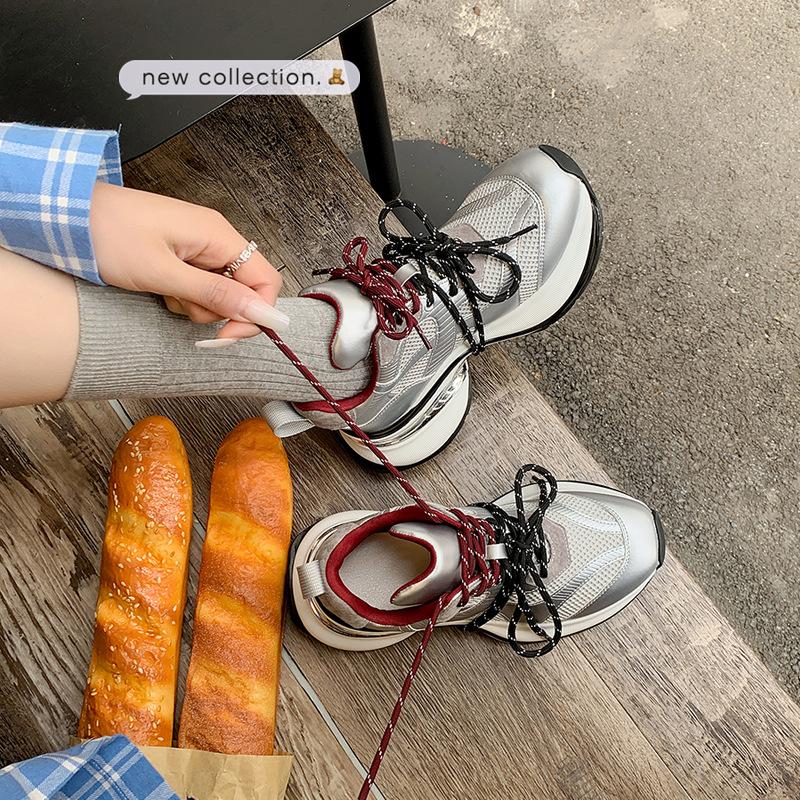 Two-color shoelaces Korean version of thick-soled color matching dad shoes 2025 spring middle heel mesh splicing sports and leisure single shoes women