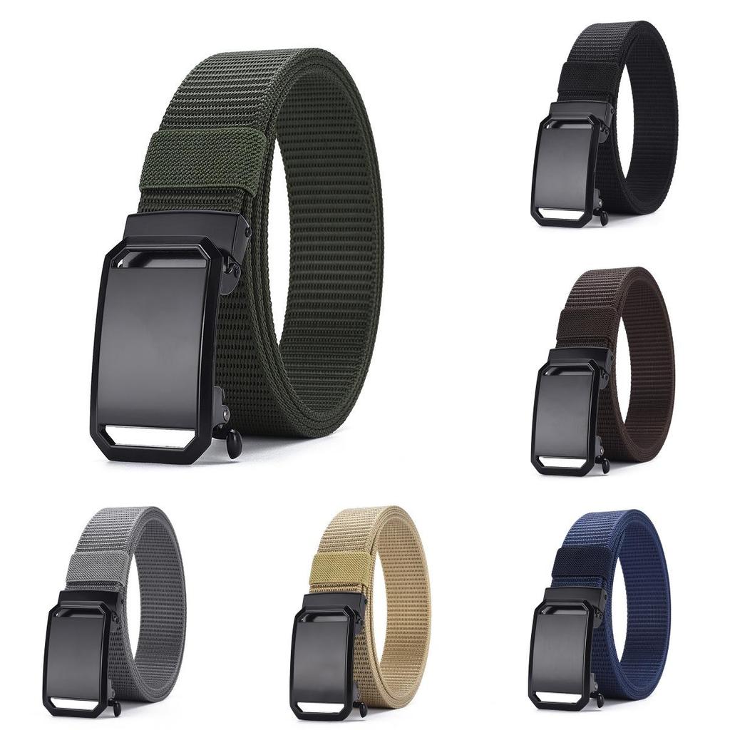 Mens Canvas Military Style Belt With Metal Auto Buckle And Foursided Geometric Element For Everyday Use