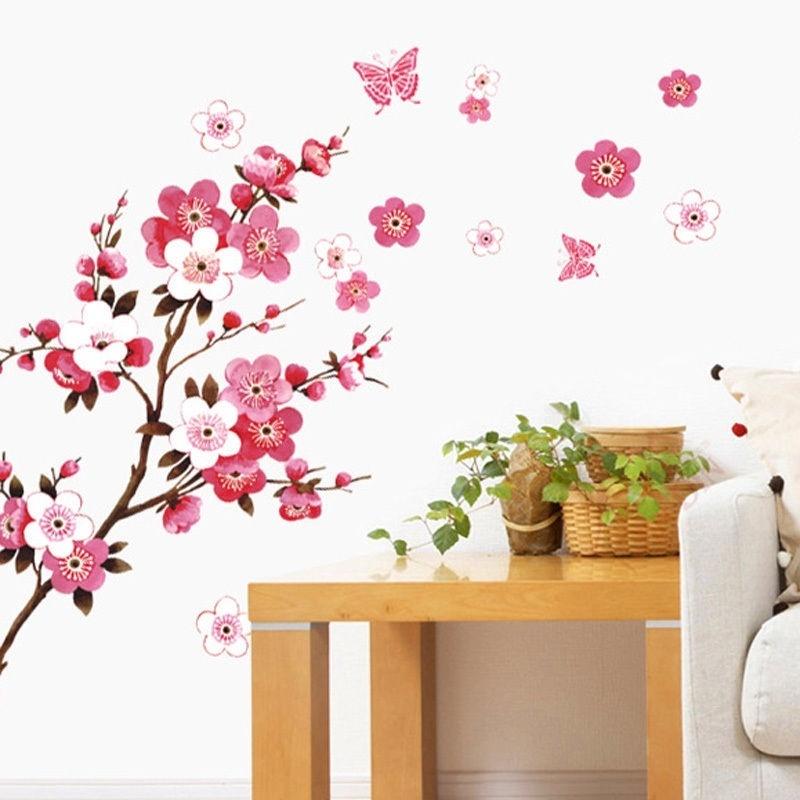 Wall Paper 3D Pink Cherry Blossom Wall Sticker Art Home Decor Graphic Flowers Petals Tree Stickers
