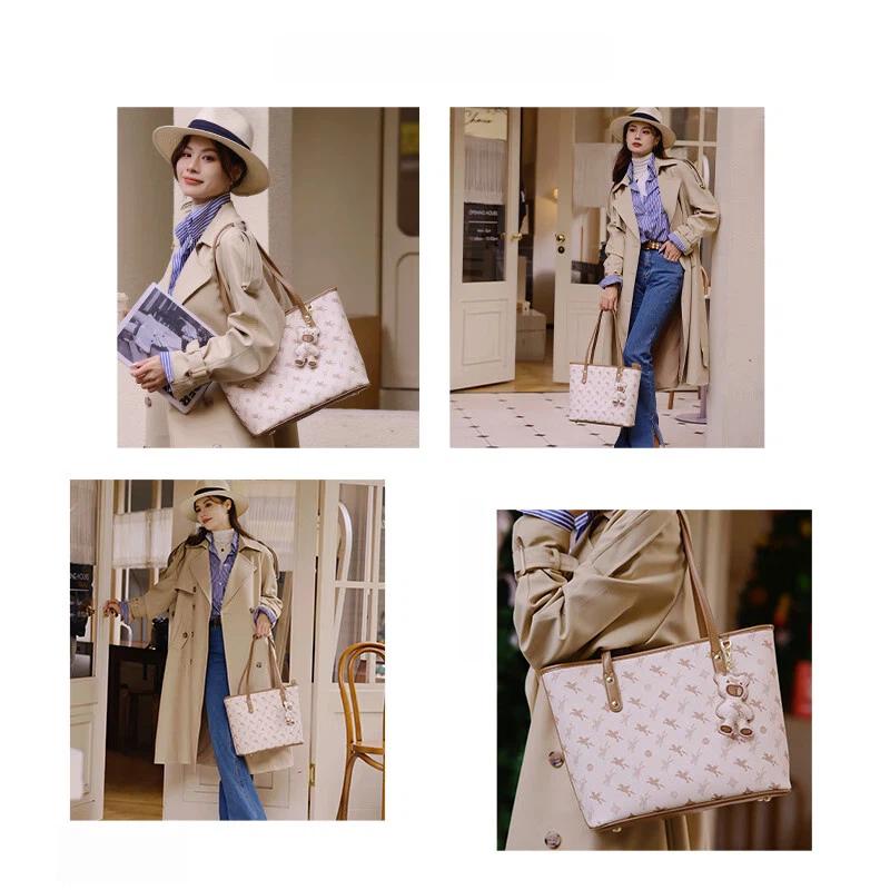 NUCELLE Shoulder Bag, Large Capacity, Tote Bag, Commuter Bag, Apricot Color, Medium Size