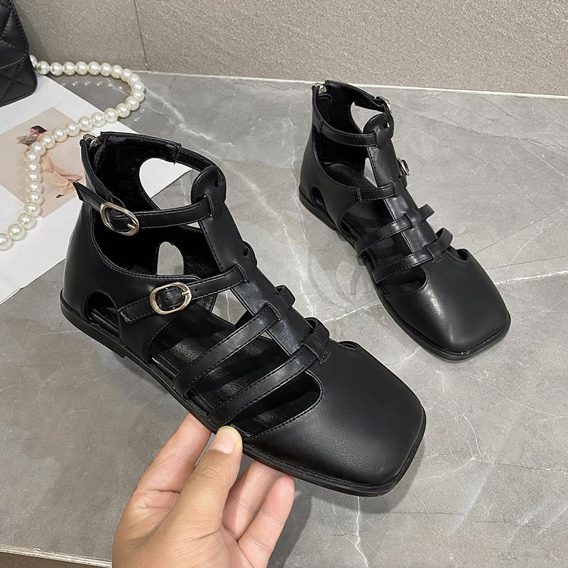 Women's Flat Shoes New Fashion Square Bun Hollowed Out Breathable Low Heel Back Zipper Roman Sandals