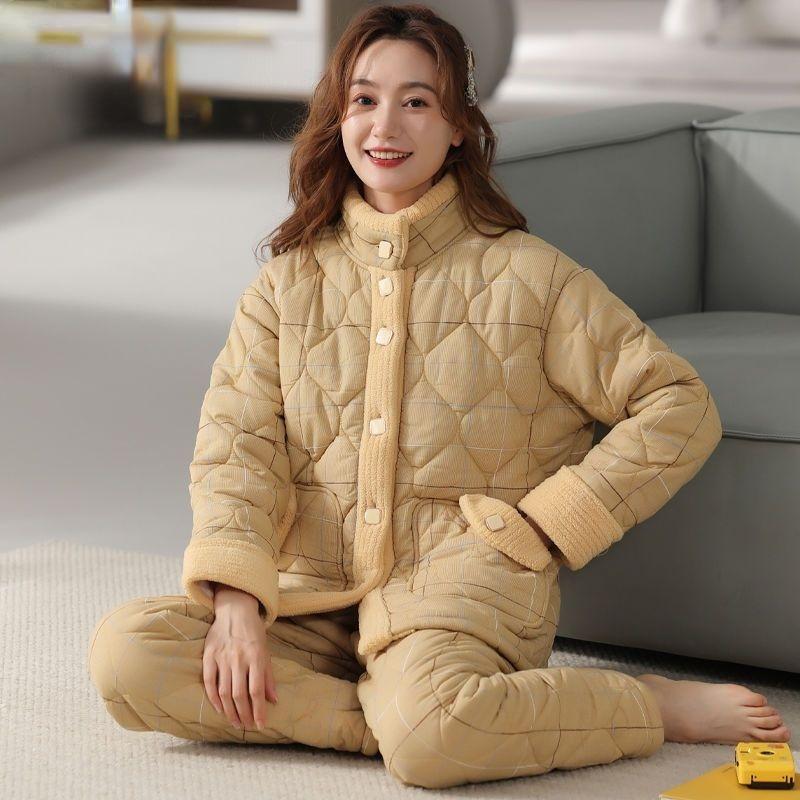 Bunda Pyžamo Dámské Zimní Třívrstvé Teplé Plyšové Zahuštěné Domácí Oblečení Neformální Středního Věku Mladé Pyžamo Set