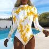 Women Long Sleeve One Piece Swimsuit Zip Front  Spiral Tie Dye Print Rash Guard Surfing Bathing Suit