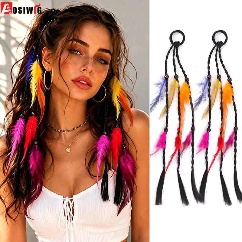 Synthetische Handgeflochtene Bunte Feder-Simulations-Perücken-Zopf Böhmischer Stil Gummiband Haaraccessoire Geeignet für Damen-Partys