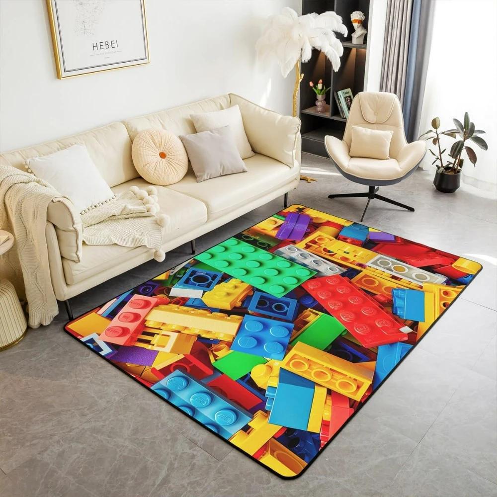 Rainbow Building Blocks Inspired Carpets for Living Room Decor Construction Carpet for Boys Girls Bedroom Washable Entrance Rug