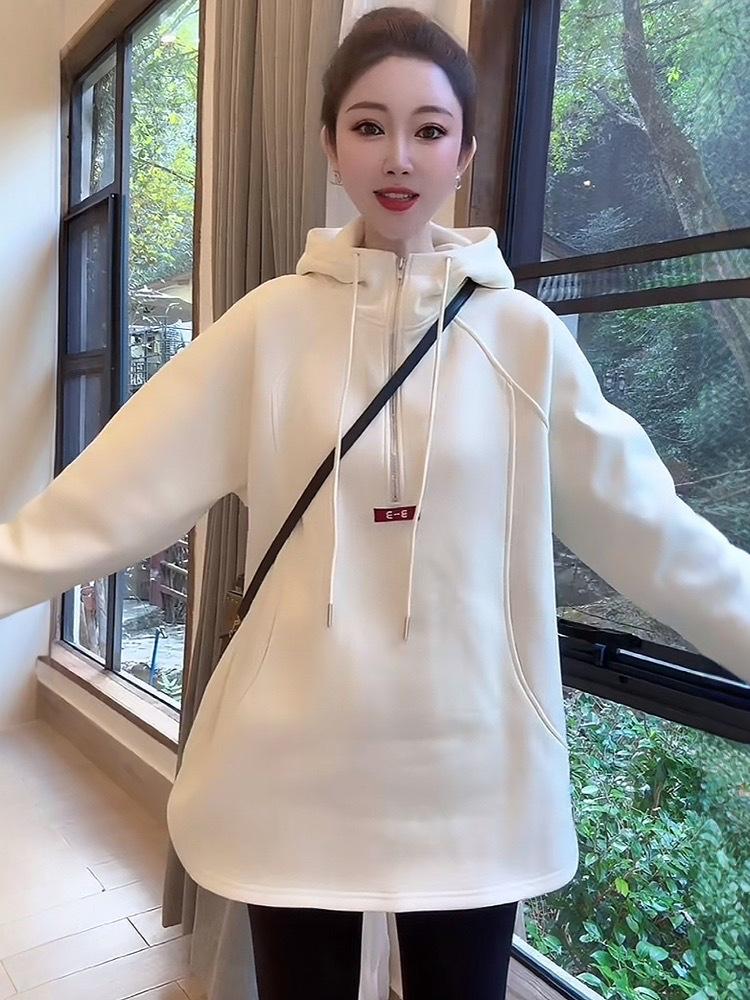 

Женская толстовка с капюшоном на молнии до середины, с толстой флисовой подкладкой - Повседневная свободная посадка для осени/зимы 2024 M белый