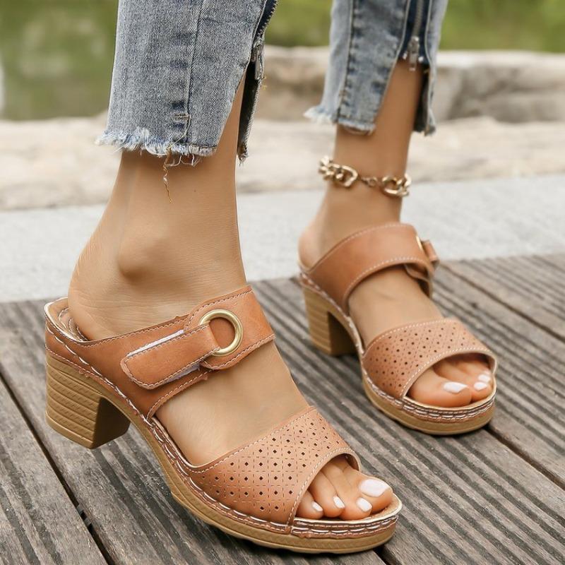 Papuci de vară cu toc înalt de dimensiuni mari pentru femei, pantofi cu toc gros cu bot pește, șlapi cu velcro cu o singură bandă