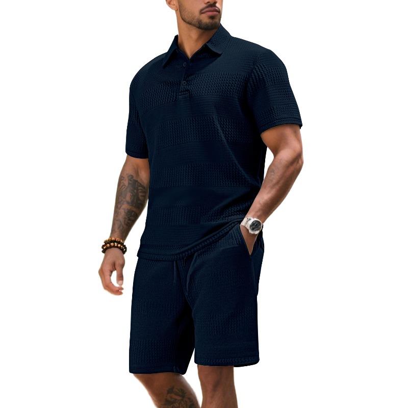 

Свободная новая летняя универсальная модная тенденция мужская повседневная однотонная рубашка с лацканами с короткими рукавами жаккардовый костюм XXXL тёмно-синий